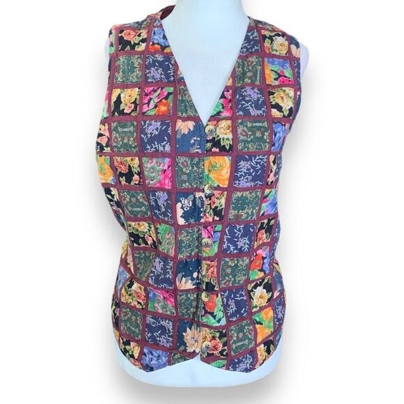 Vintage 90s Vest Multicolor Dark Floral Patchwork Checkered Tie Waistcoat Medium - Picture 2 of 10